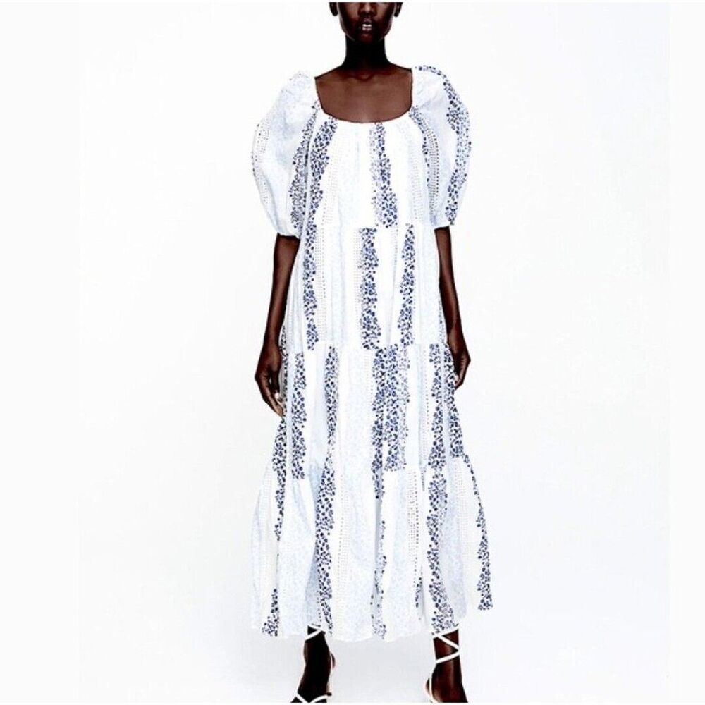✨ZARA Bloggers Favorite Printed & Embroidered blue white maxi Sz Medium dress✨